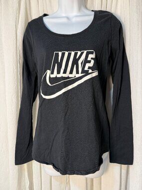 Nike Sportswear Shirt Womens Size Medium Black White Logo Long Sleeve